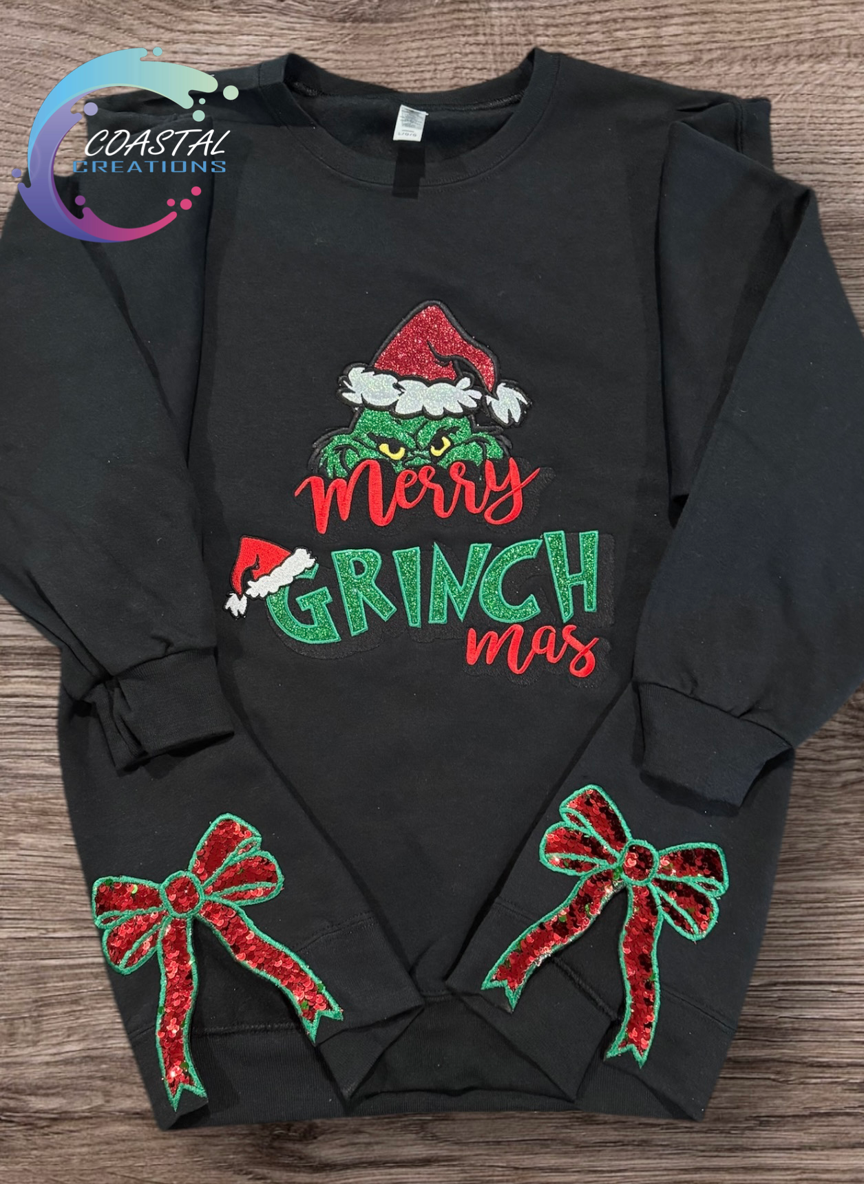 Merry Grinchmas Glittered Embroidery With Sequence Side Bows